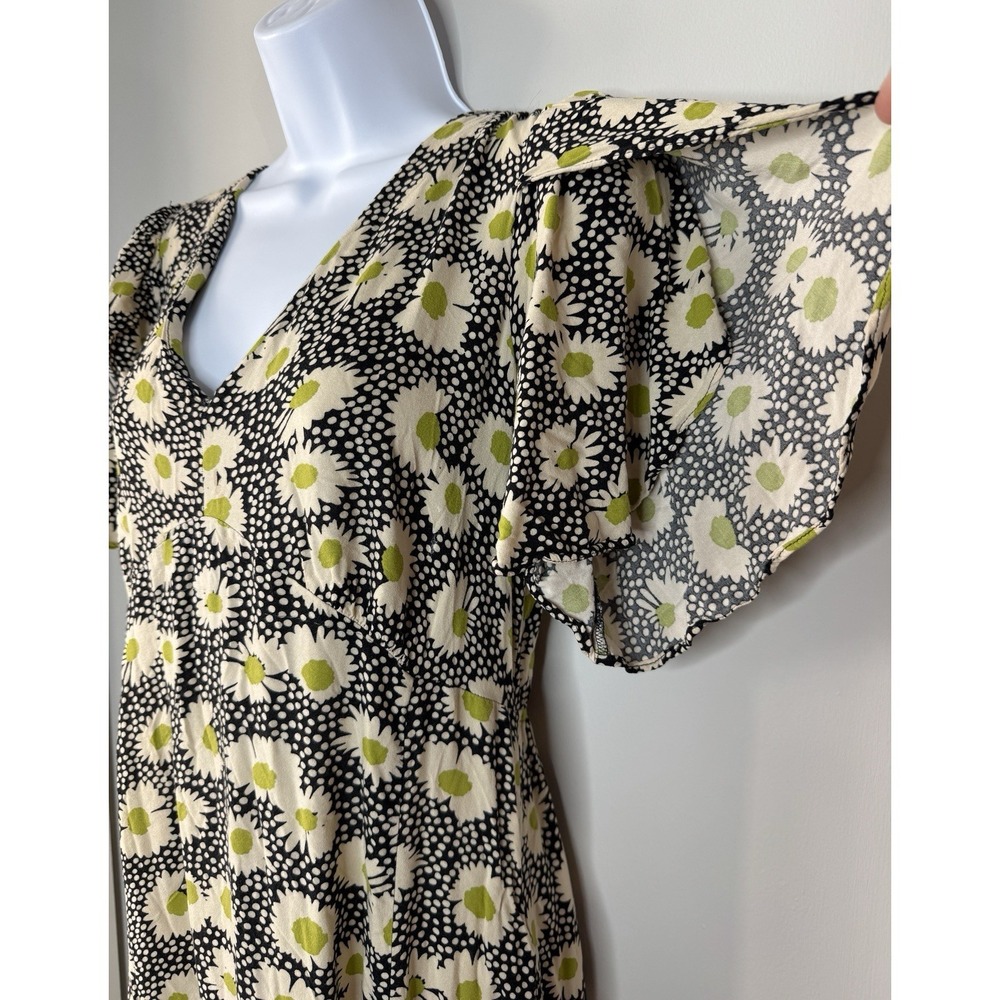 90s Daisy Floral Midi Dress 12 Black White Cottagecore Feminine Flutter Sleeve - Picture 2 of 16
